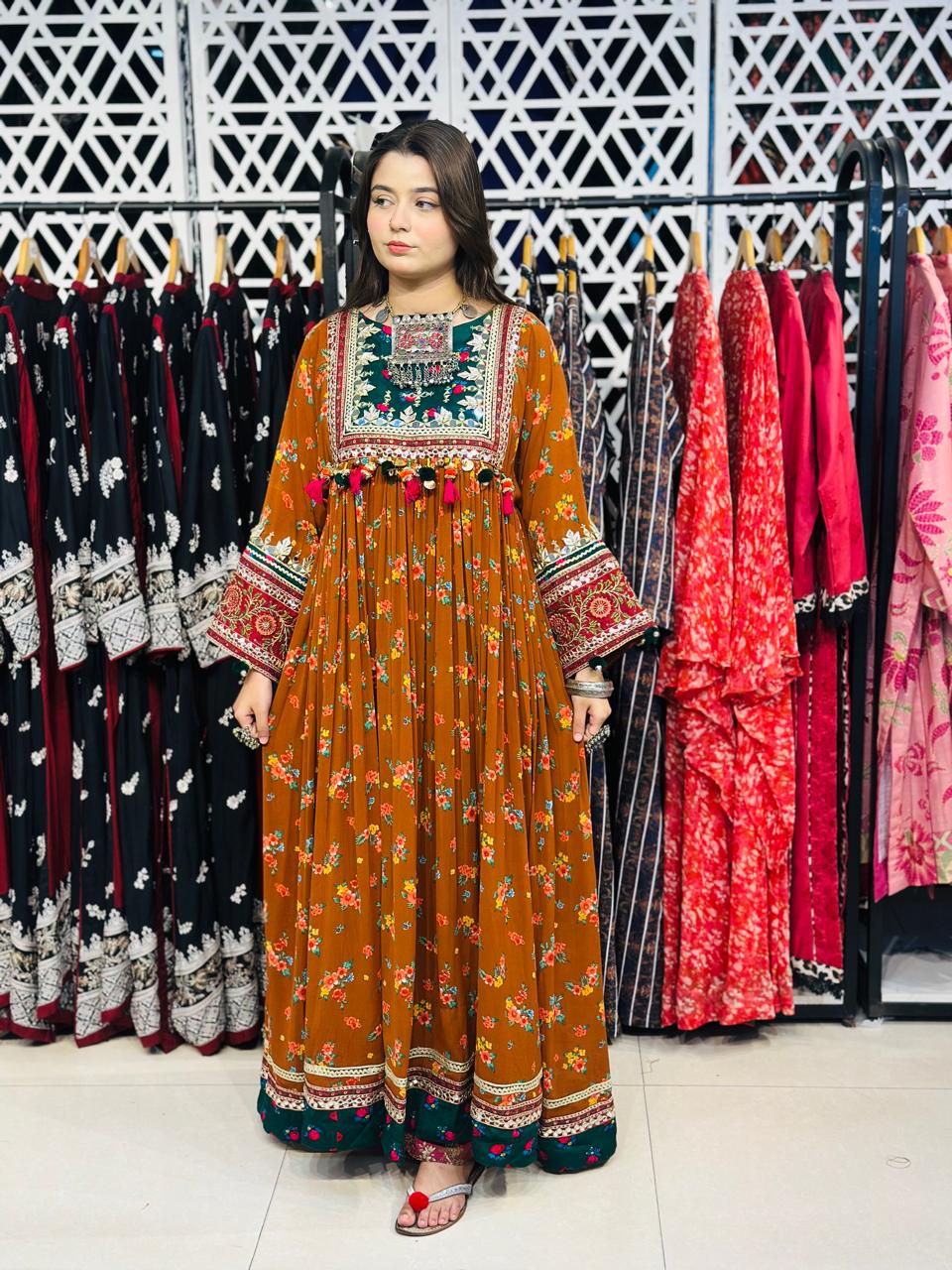 2 Pcs Rust floral with a royal Afghani touch Frock