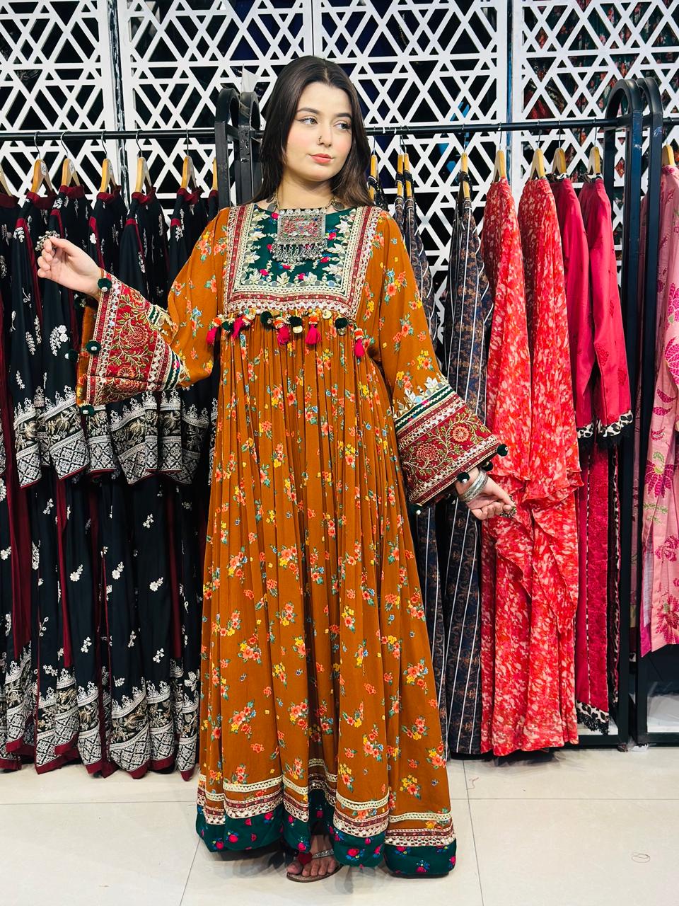 2 Pcs Rust floral with a royal Afghani touch Frock