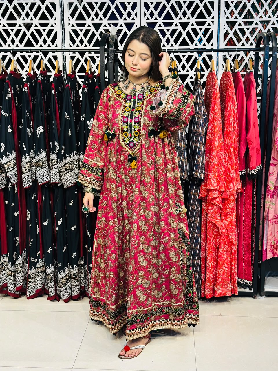 2 Pcs Hand-Embellished Neckline With Mirror Frock