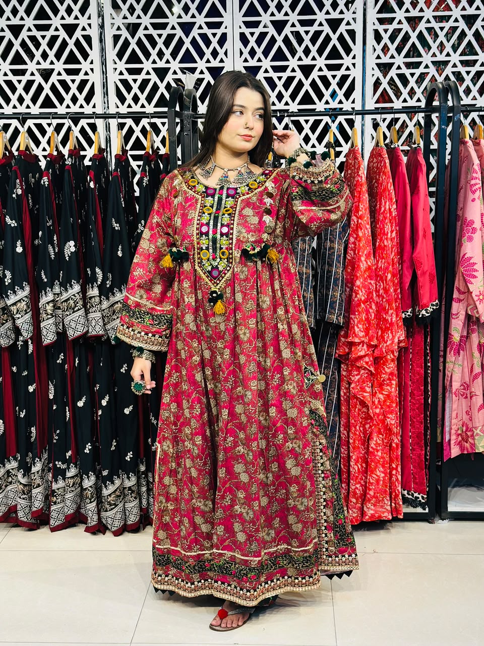 2 Pcs Hand-Embellished Neckline With Mirror Frock