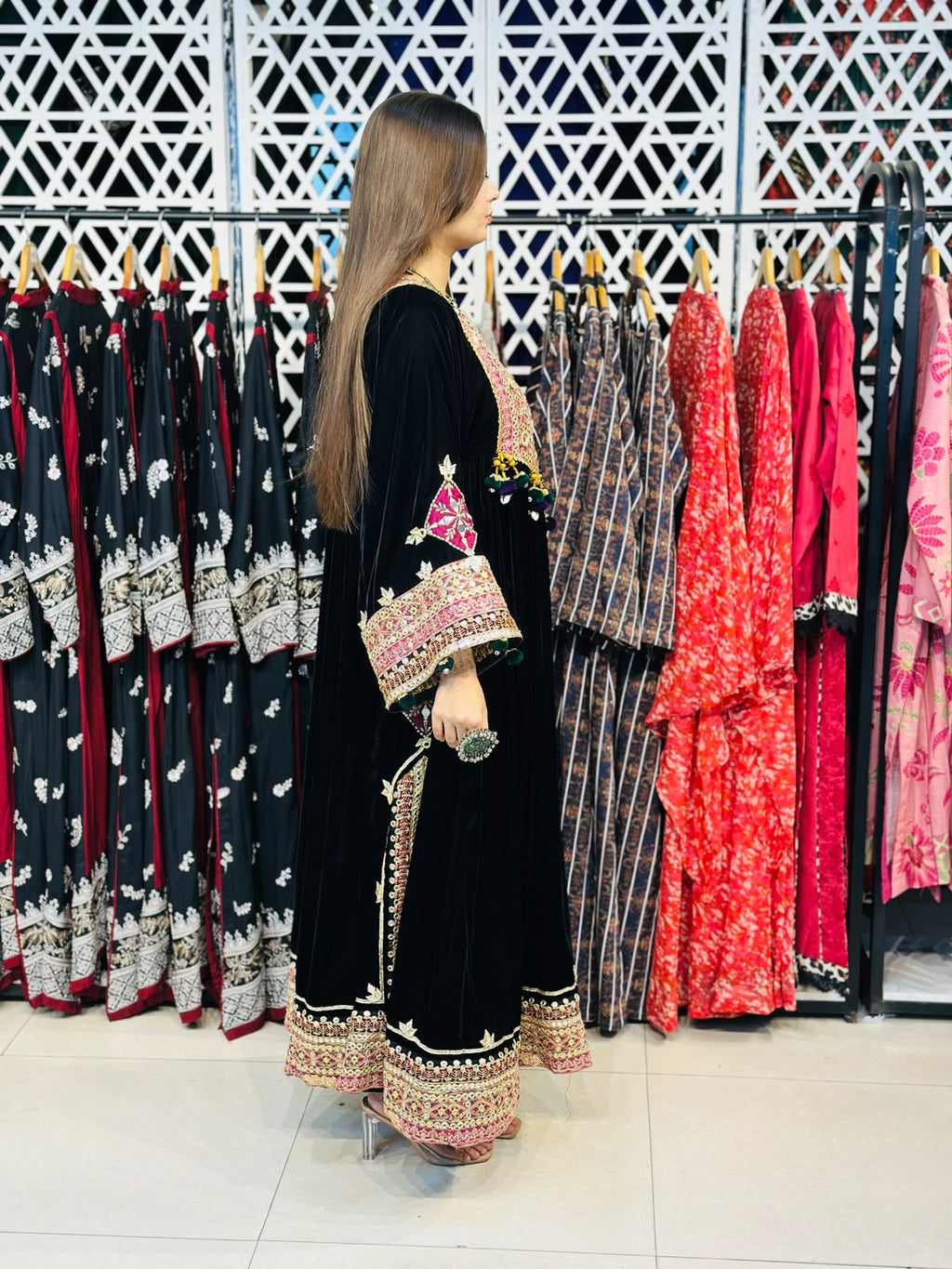 2 Pcs Handmade Mirror Gala | Heavy Embroidered Border Frock
