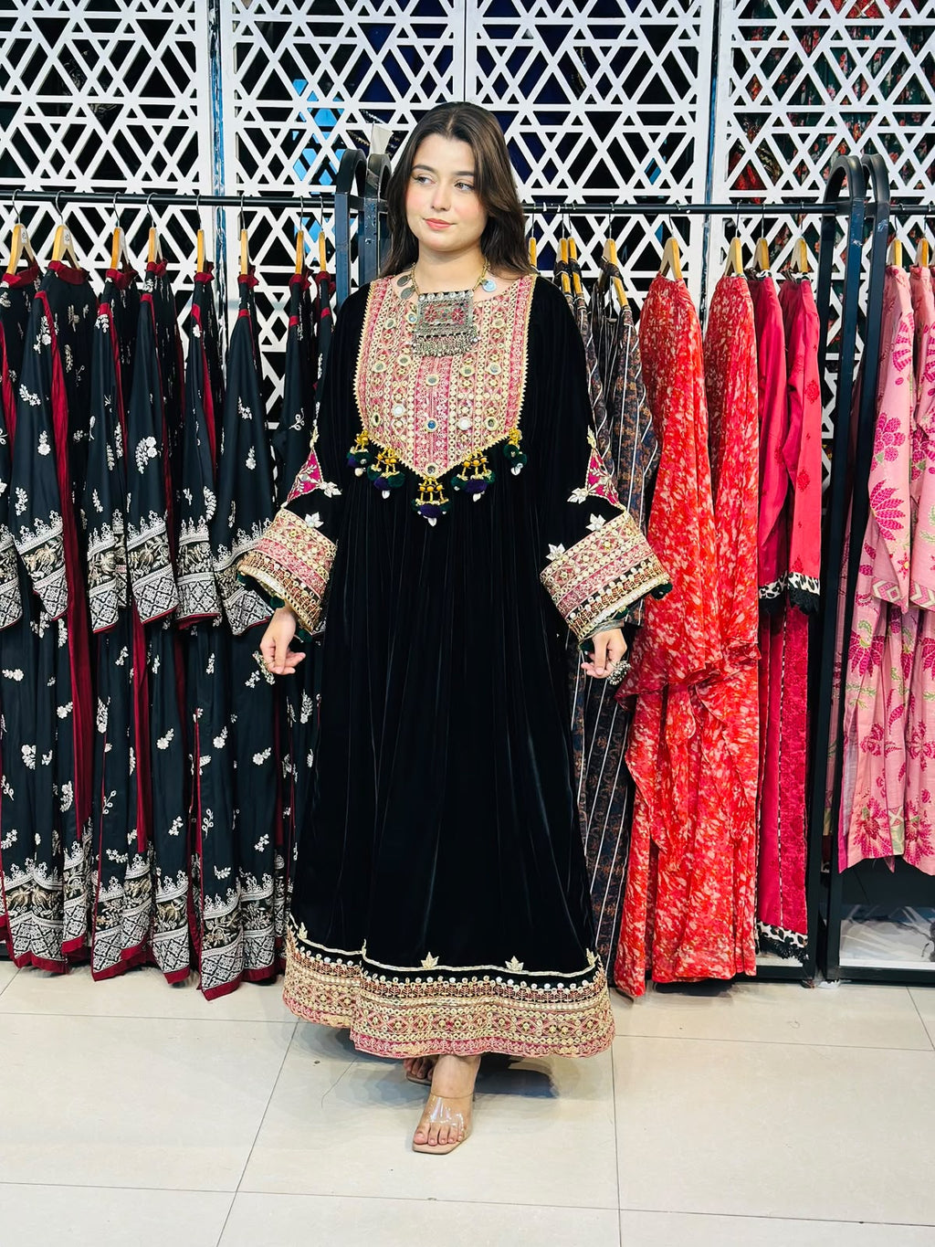 2 Pcs Handmade Mirror Gala | Heavy Embroidered Border Frock