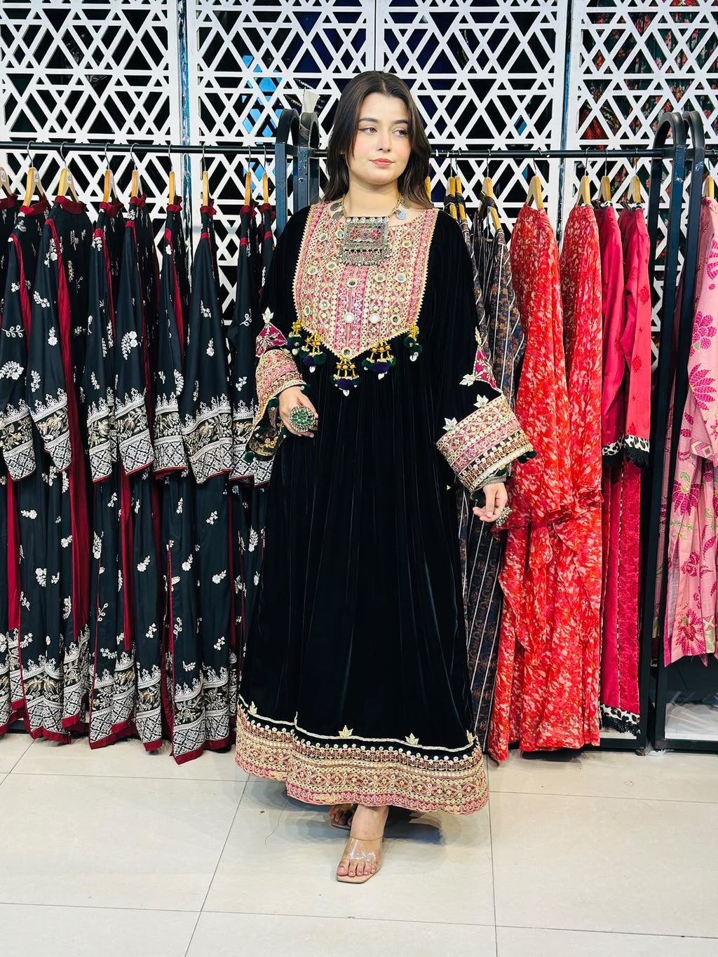 2 Pcs Handmade Mirror Gala | Heavy Embroidered Border Frock