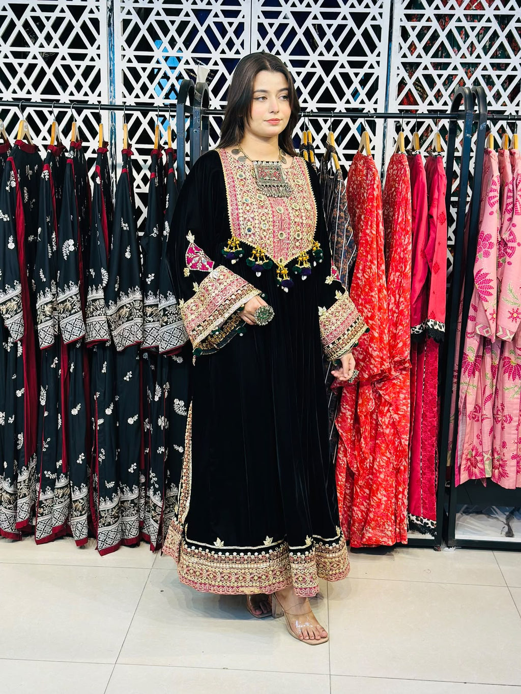 2 Pcs Handmade Mirror Gala | Heavy Embroidered Border Frock