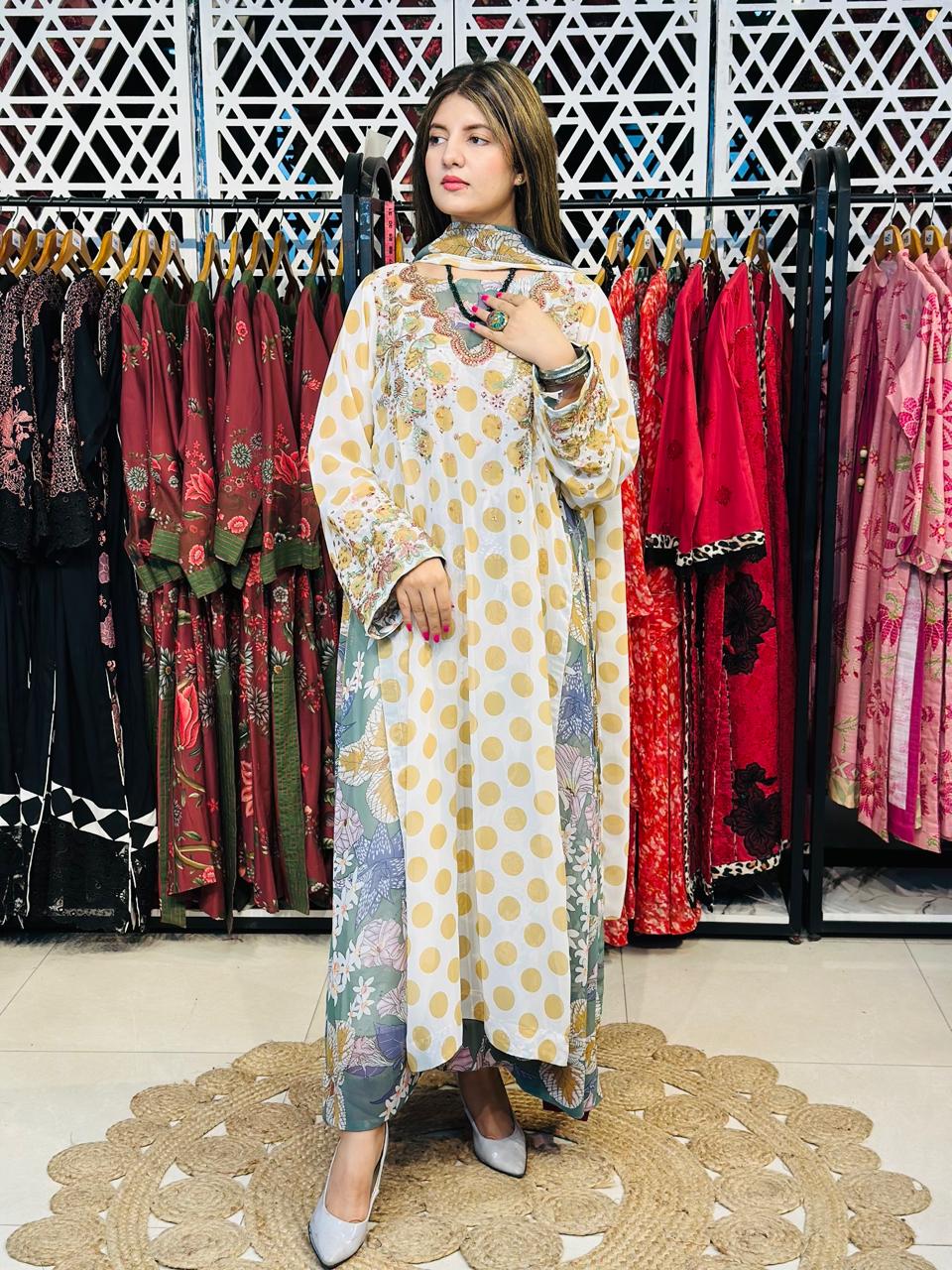 3 Pcs Elevate your everyday elegance with this stunning 3_piece printed chiffon ensemble.
