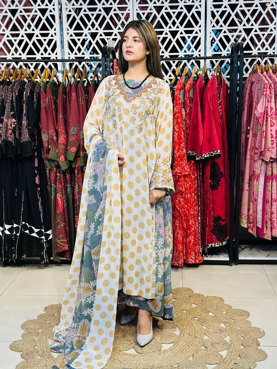 3 Pcs Elevate your everyday elegance with this stunning 3_piece printed chiffon ensemble.