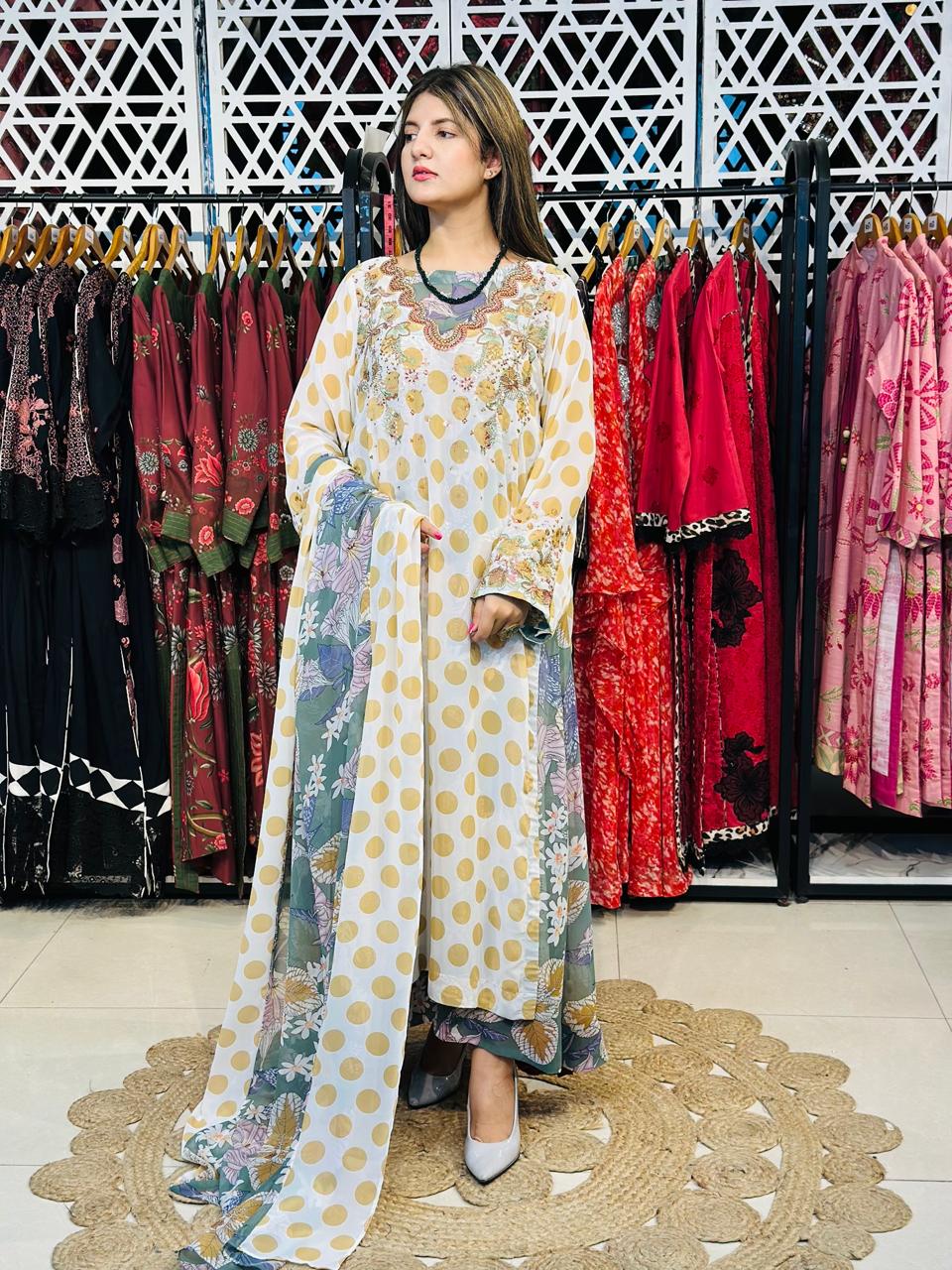 3 Pcs Elevate your everyday elegance with this stunning 3_piece printed chiffon ensemble.