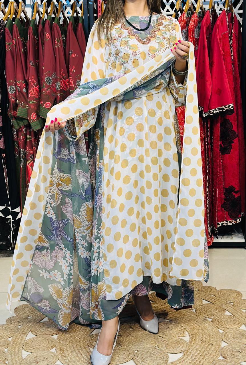 3 Pcs Elevate your everyday elegance with this stunning 3_piece printed chiffon ensemble.