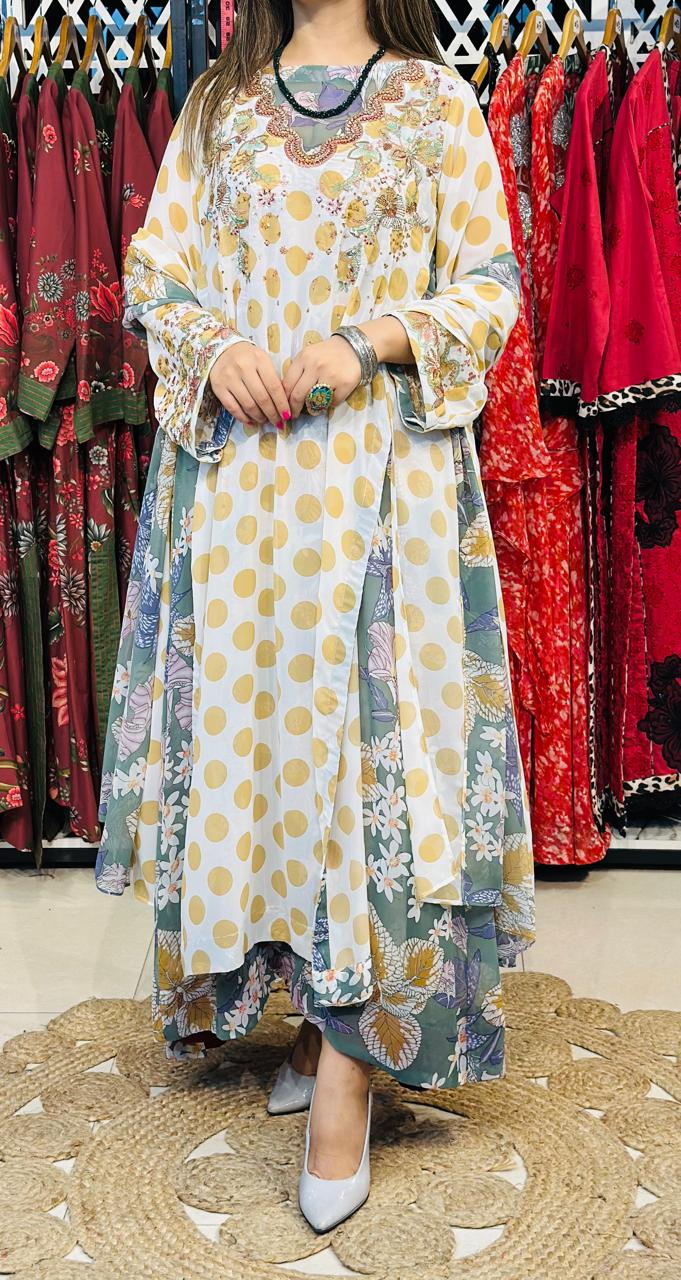 3 Pcs Elevate your everyday elegance with this stunning 3_piece printed chiffon ensemble.
