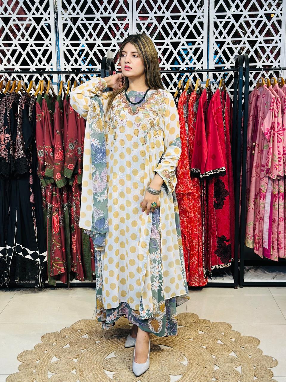3 Pcs Elevate your everyday elegance with this stunning 3_piece printed chiffon ensemble.