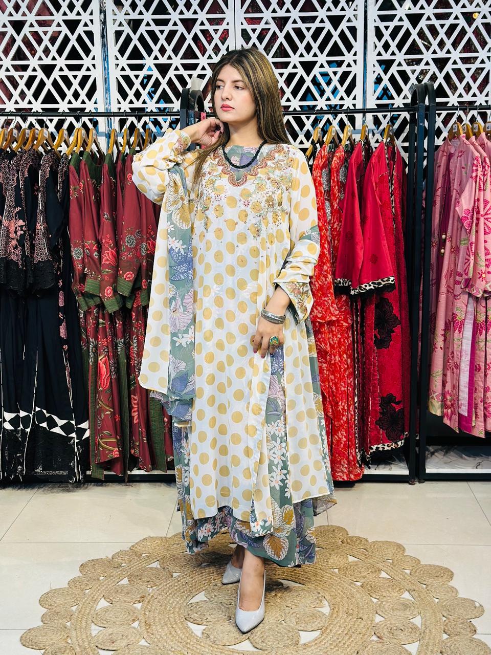 3 Pcs Elevate your everyday elegance with this stunning 3_piece printed chiffon ensemble.