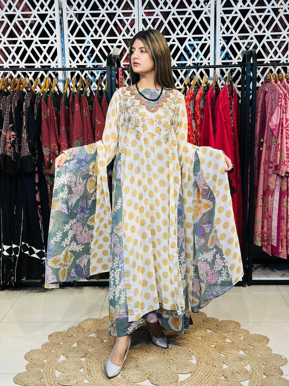 3 Pcs Elevate your everyday elegance with this stunning 3_piece printed chiffon ensemble.
