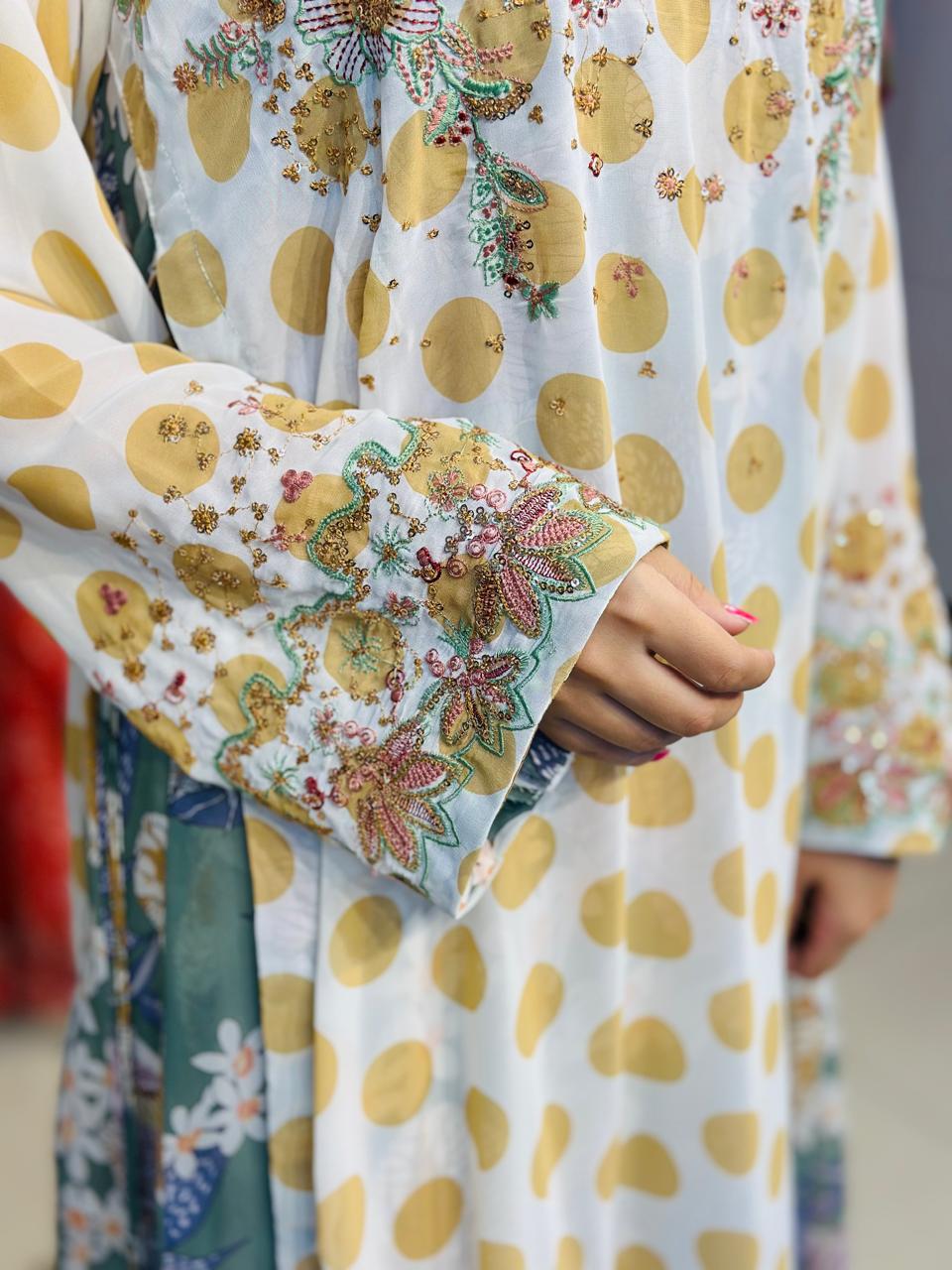 3 Pcs Elevate your everyday elegance with this stunning 3_piece printed chiffon ensemble.