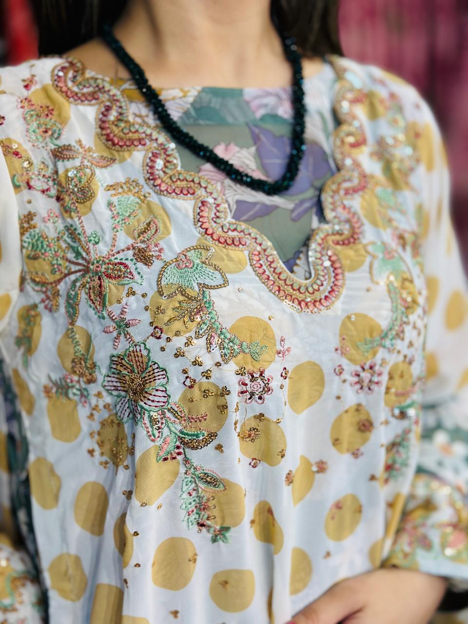 3 Pcs Elevate your everyday elegance with this stunning 3_piece printed chiffon ensemble.