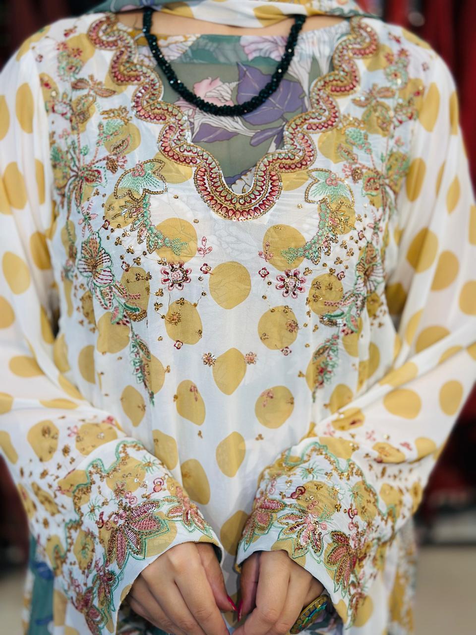 3 Pcs Elevate your everyday elegance with this stunning 3_piece printed chiffon ensemble.