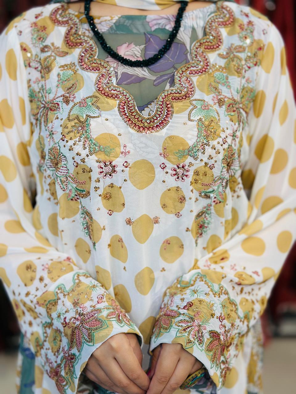 3 Pcs Elevate your everyday elegance with this stunning 3_piece printed chiffon ensemble.