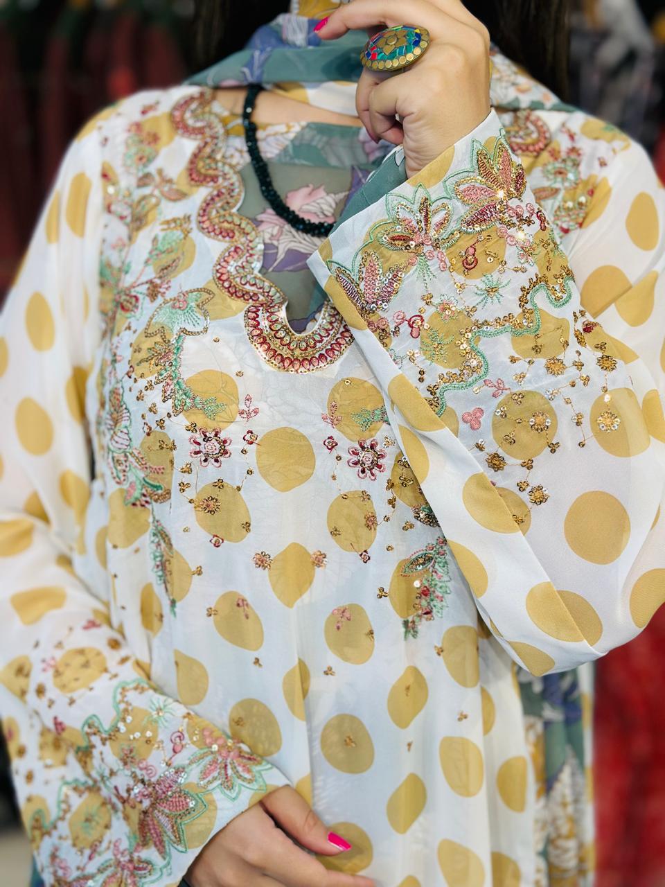 3 Pcs Elevate your everyday elegance with this stunning 3_piece printed chiffon ensemble.