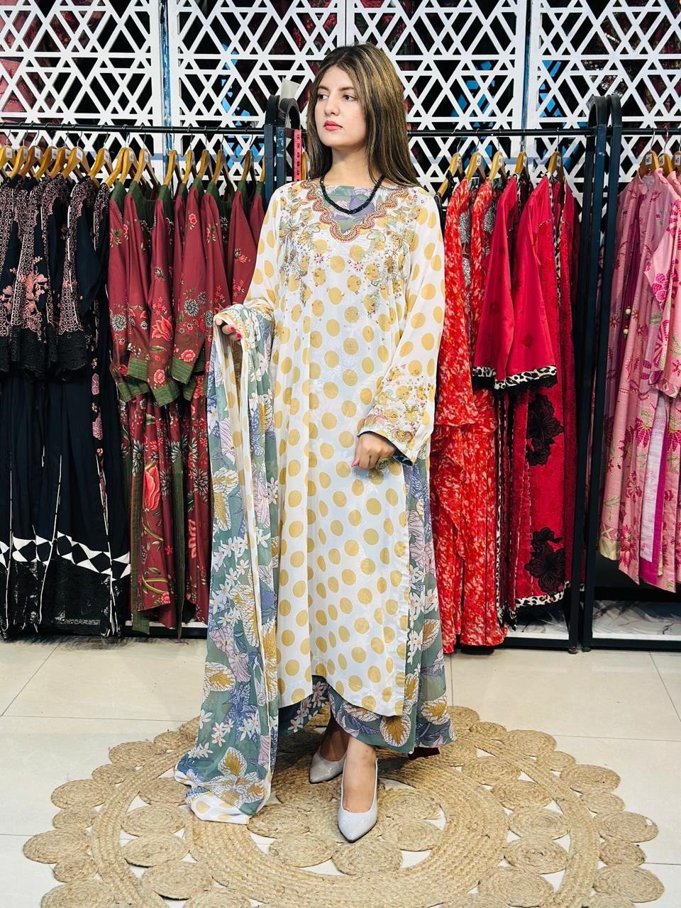 3 Pcs Elevate your everyday elegance with this stunning 3_piece printed chiffon ensemble.