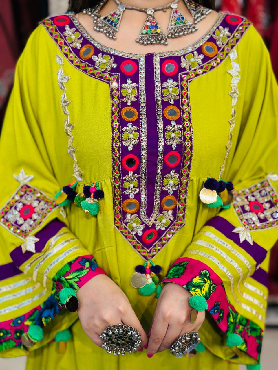 2 Pcs  stunning lime green Afghani frock