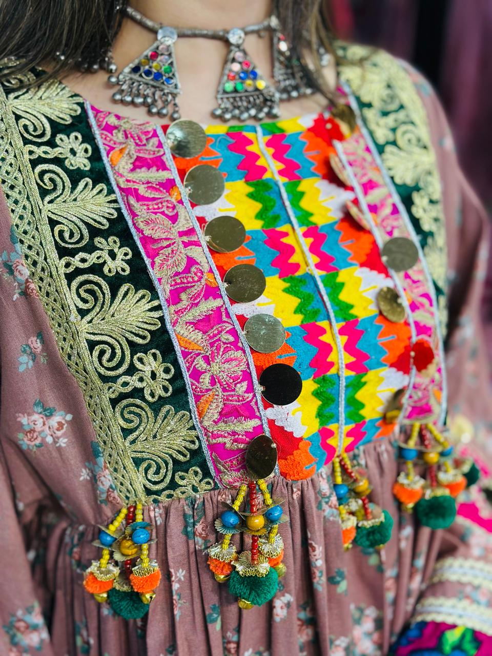 2 Pcs a heavy multicolor embroidered chest panel with mirror work