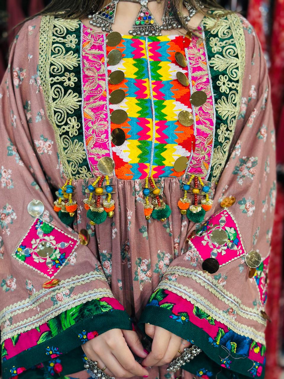 2 Pcs a heavy multicolor embroidered chest panel with mirror work