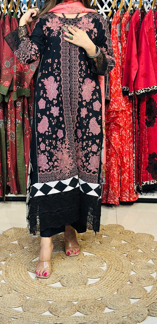 3 Pcs Black & Pink Fully Embroidered Designer Kurta