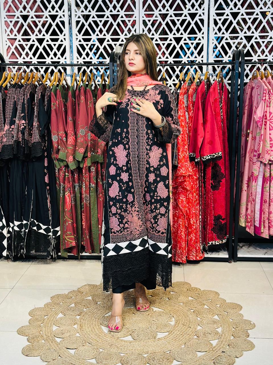 3 Pcs Black & Pink Fully Embroidered Designer Kurta