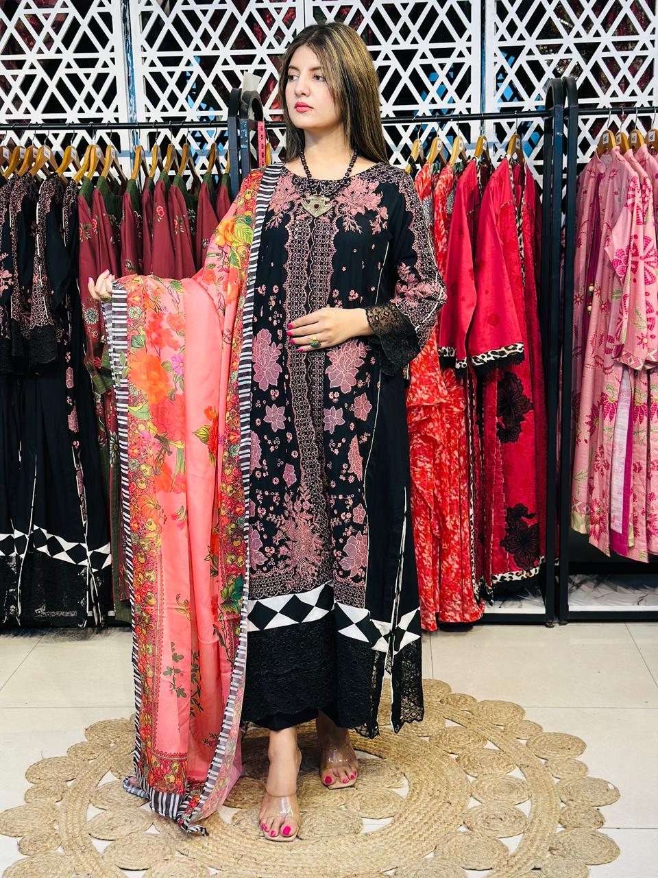 3 Pcs Black & Pink Fully Embroidered Designer Kurta
