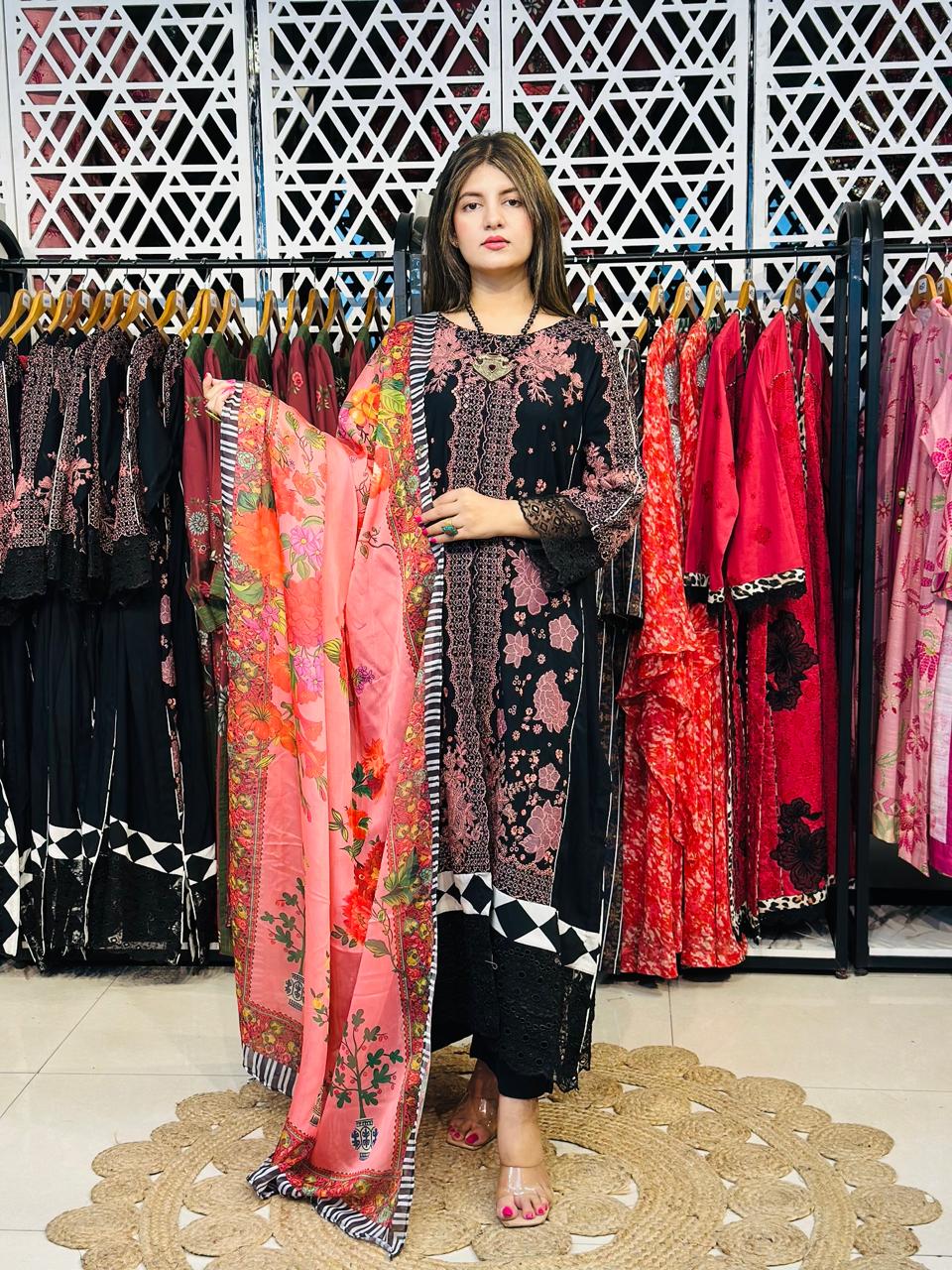 3 Pcs Black & Pink Fully Embroidered Designer Kurta