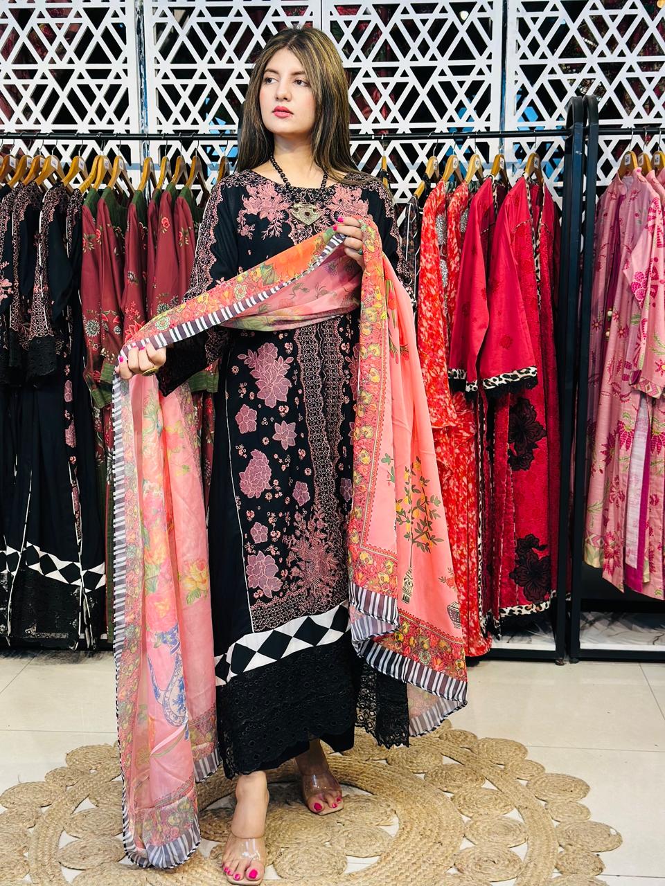3 Pcs Black & Pink Fully Embroidered Designer Kurta