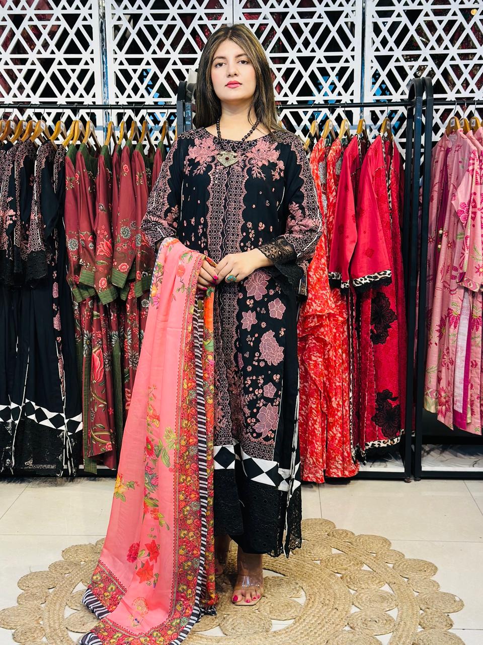 3 Pcs Black & Pink Fully Embroidered Designer Kurta