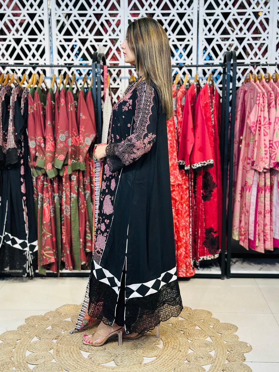3 Pcs Black & Pink Fully Embroidered Designer Kurta
