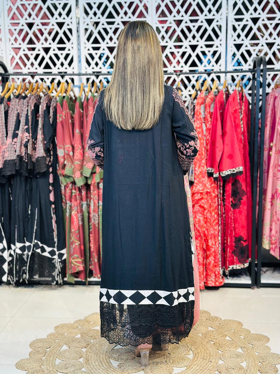 3 Pcs Black & Pink Fully Embroidered Designer Kurta