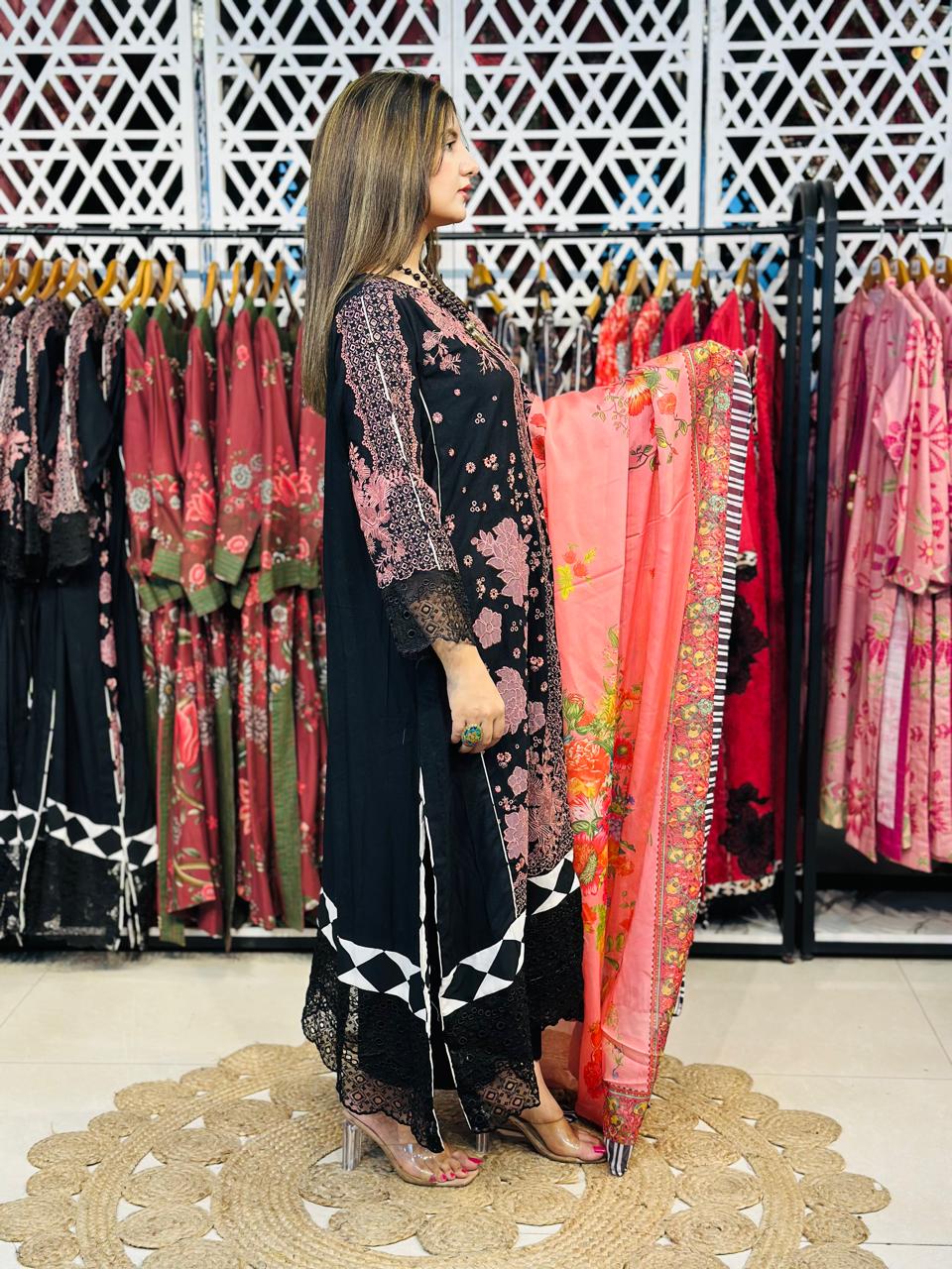 3 Pcs Black & Pink Fully Embroidered Designer Kurta