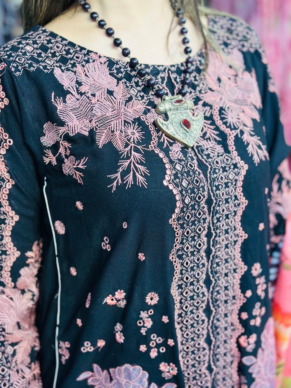 3 Pcs Black & Pink Fully Embroidered Designer Kurta