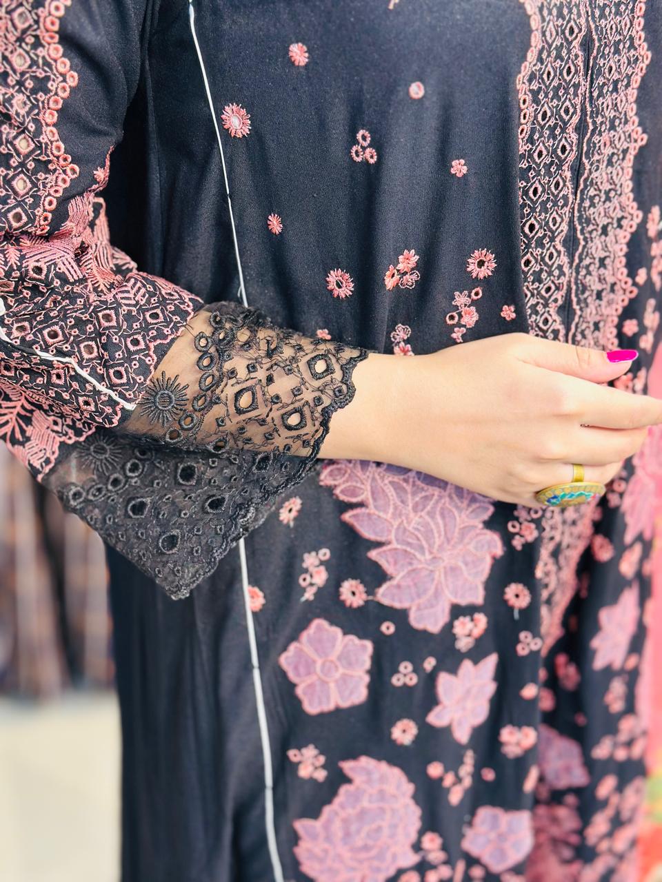 3 Pcs Black & Pink Fully Embroidered Designer Kurta