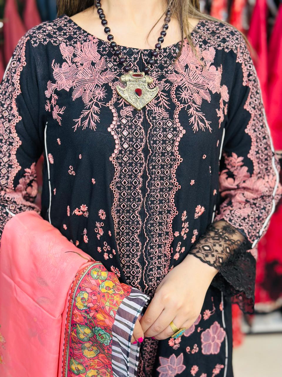3 Pcs Black & Pink Fully Embroidered Designer Kurta