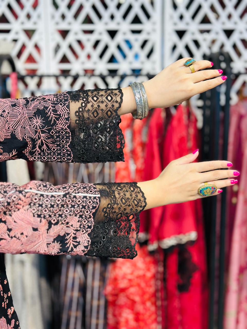 3 Pcs Black & Pink Fully Embroidered Designer Kurta
