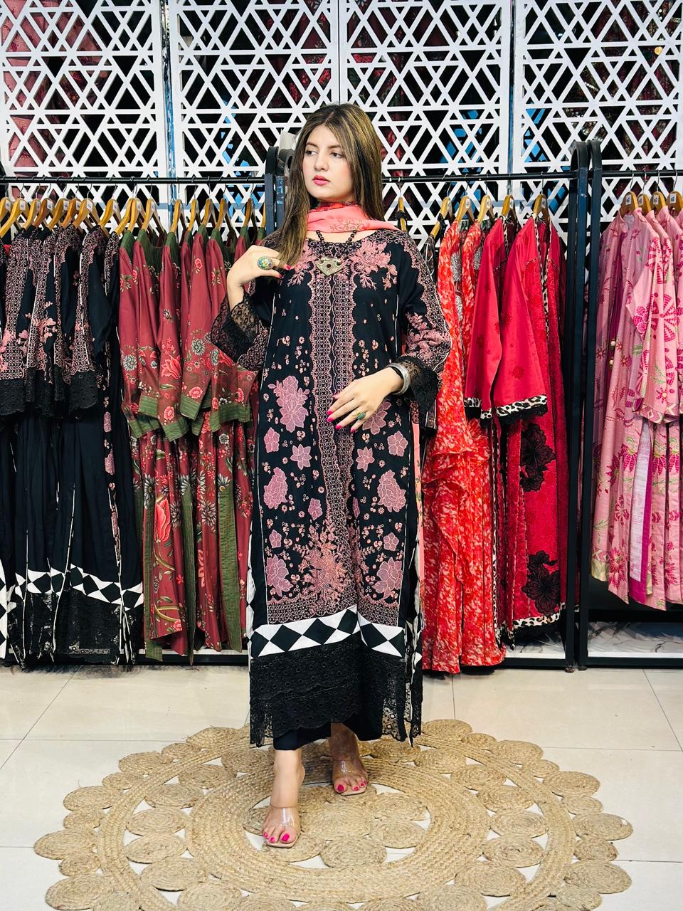 3 Pcs Black & Pink Fully Embroidered Designer Kurta