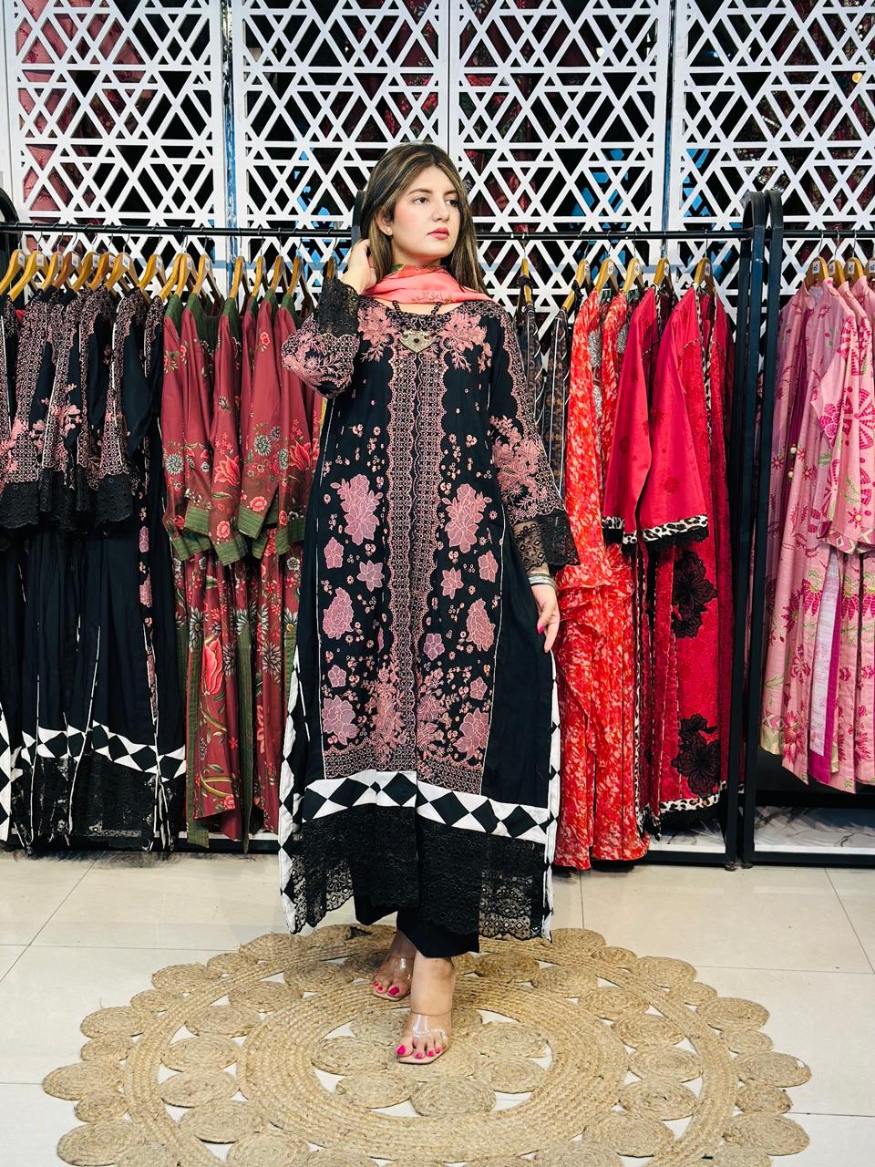 3 Pcs Black & Pink Fully Embroidered Designer Kurta