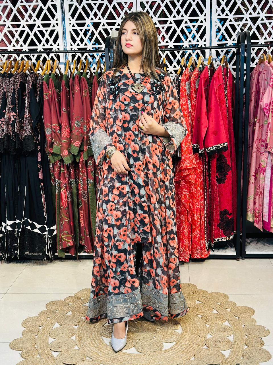 2 Pcs Black & Rust Semi-Festive Printed Chiffon Gown
