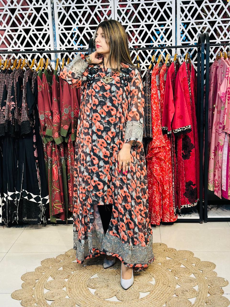 2 Pcs Black & Rust Semi-Festive Printed Chiffon Gown