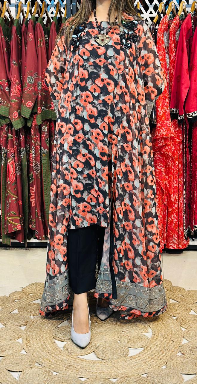 2 Pcs Black & Rust Semi-Festive Printed Chiffon Gown