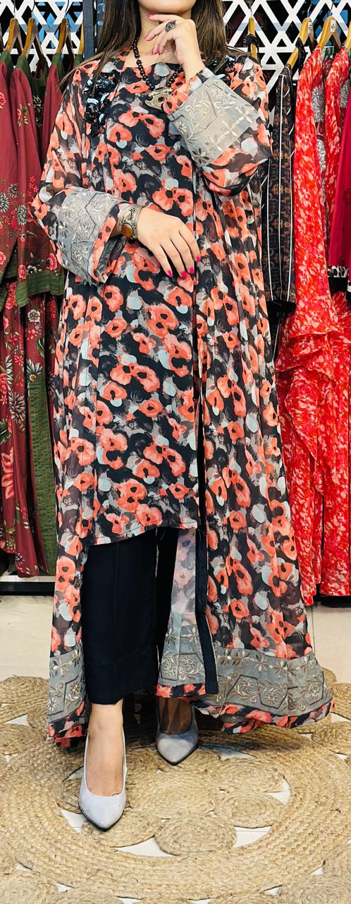 2 Pcs Black & Rust Semi-Festive Printed Chiffon Gown