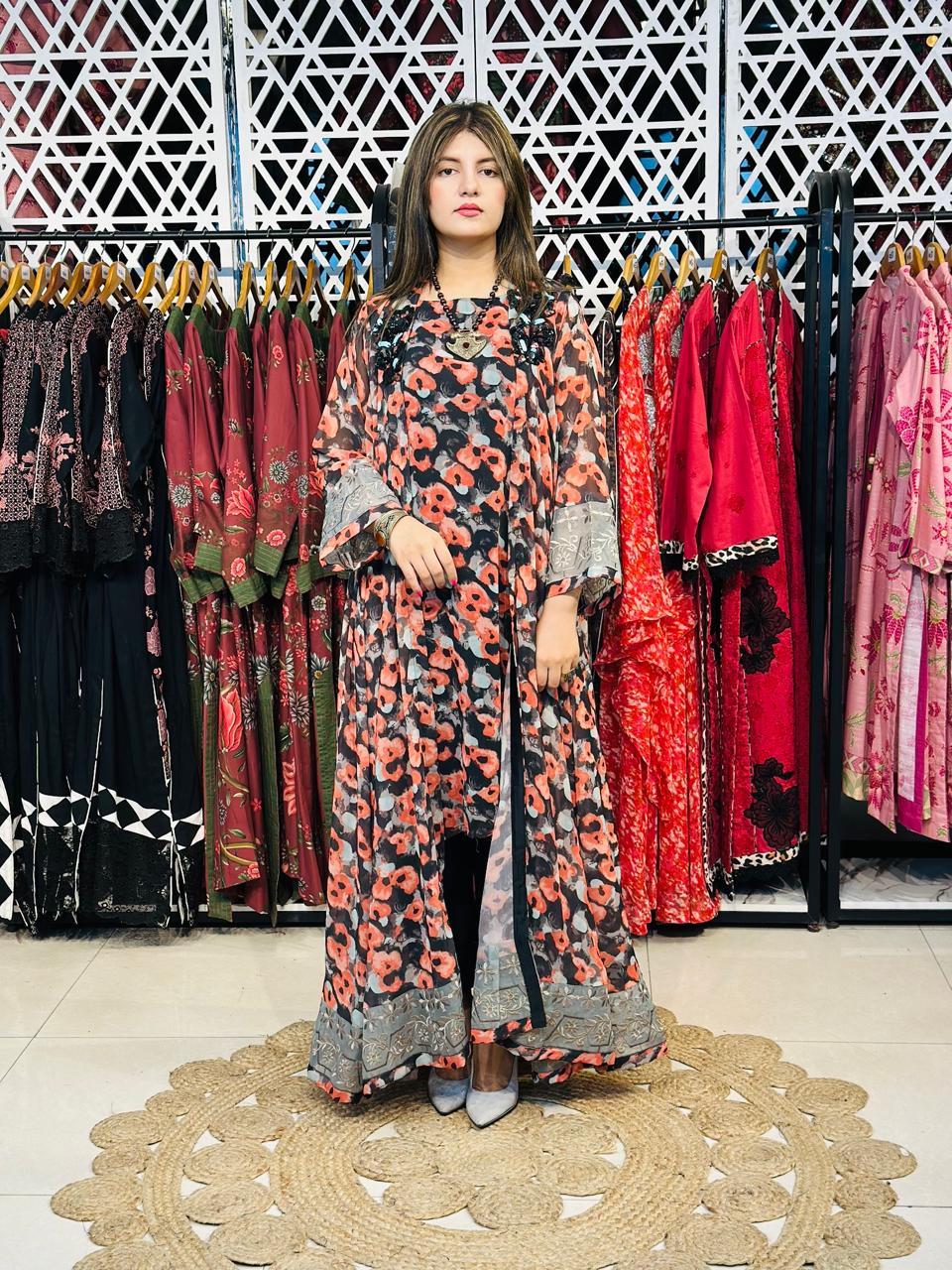2 Pcs Black & Rust Semi-Festive Printed Chiffon Gown