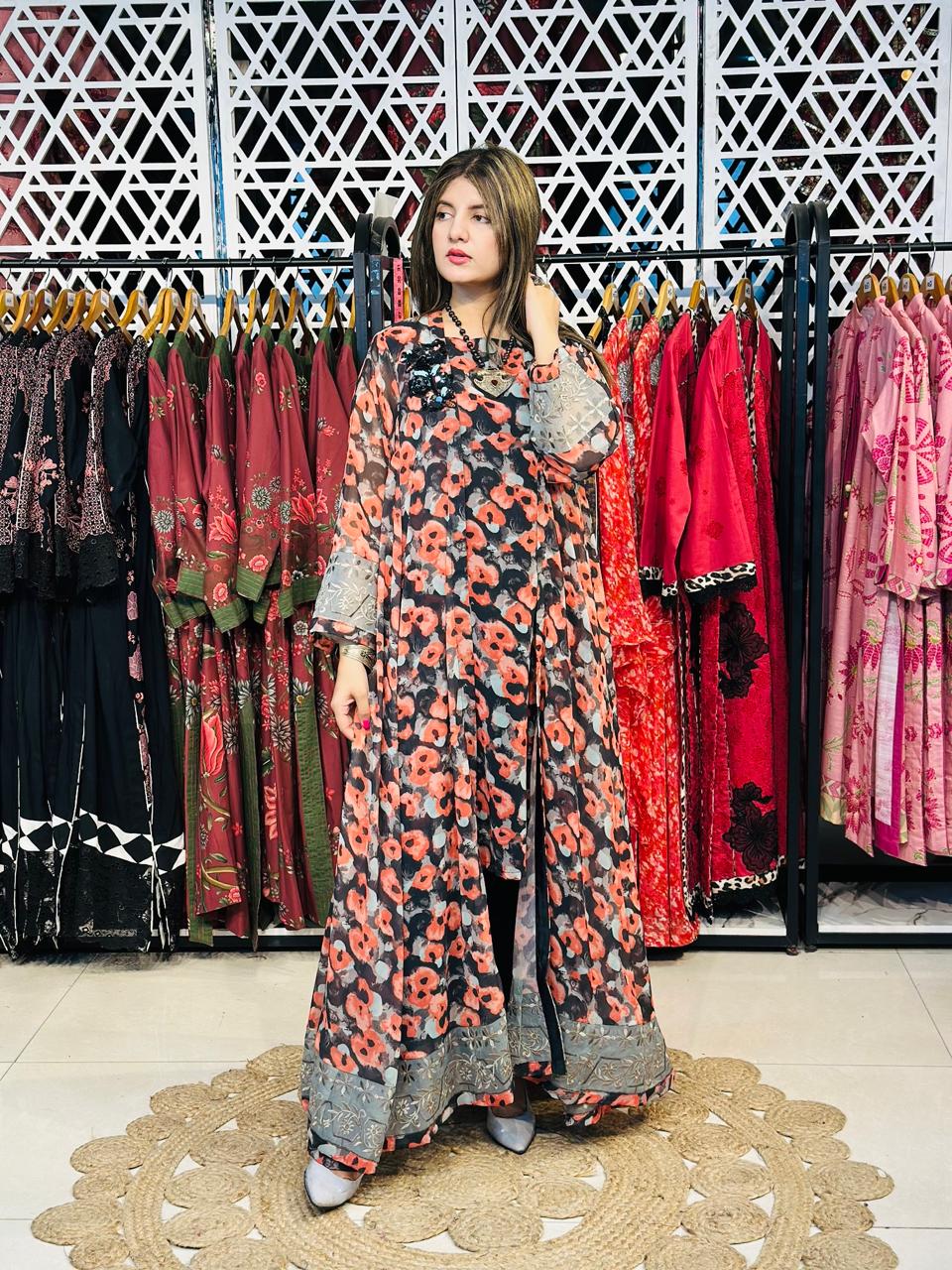 2 Pcs Black & Rust Semi-Festive Printed Chiffon Gown