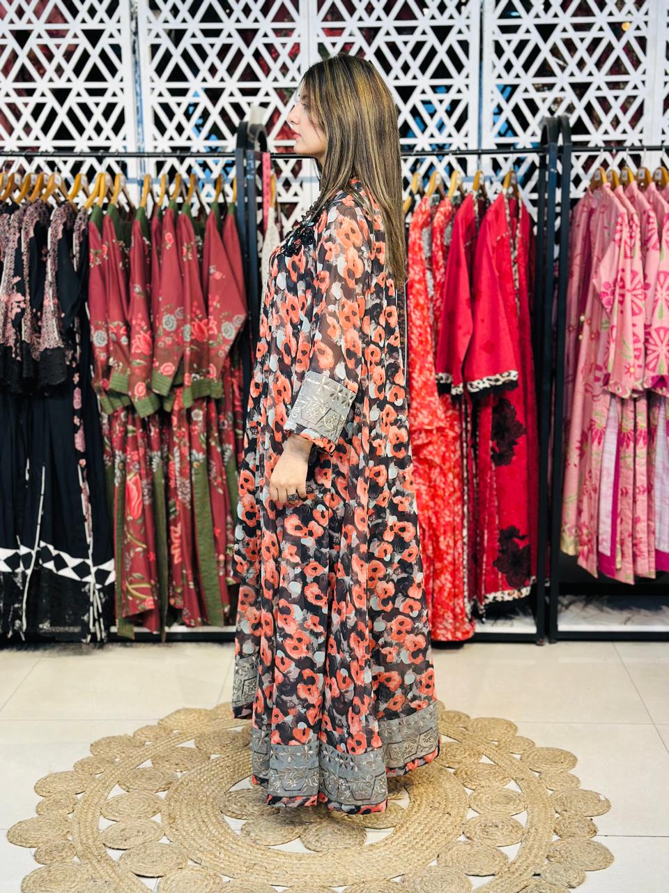 2 Pcs Black & Rust Semi-Festive Printed Chiffon Gown