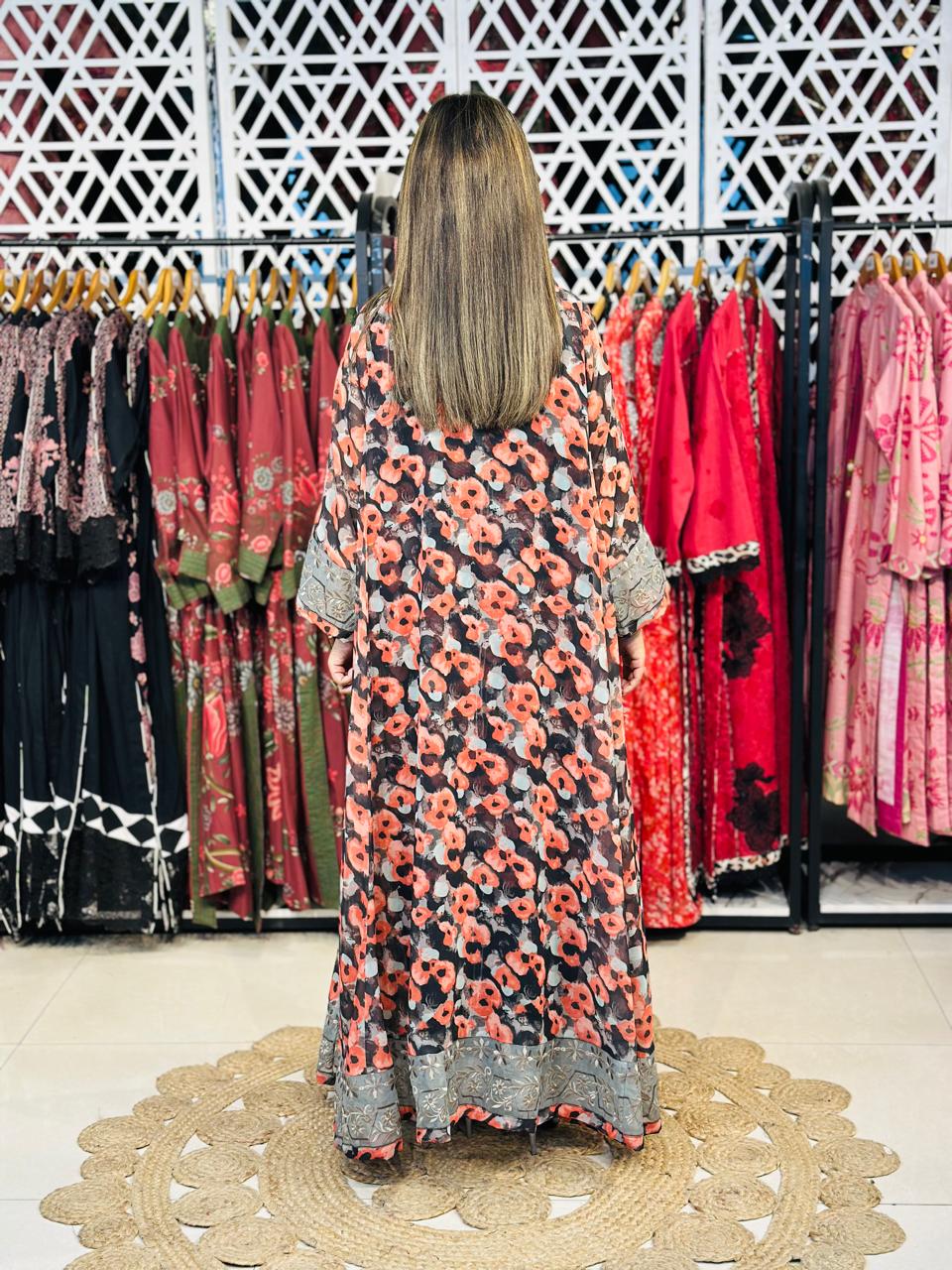 2 Pcs Black & Rust Semi-Festive Printed Chiffon Gown