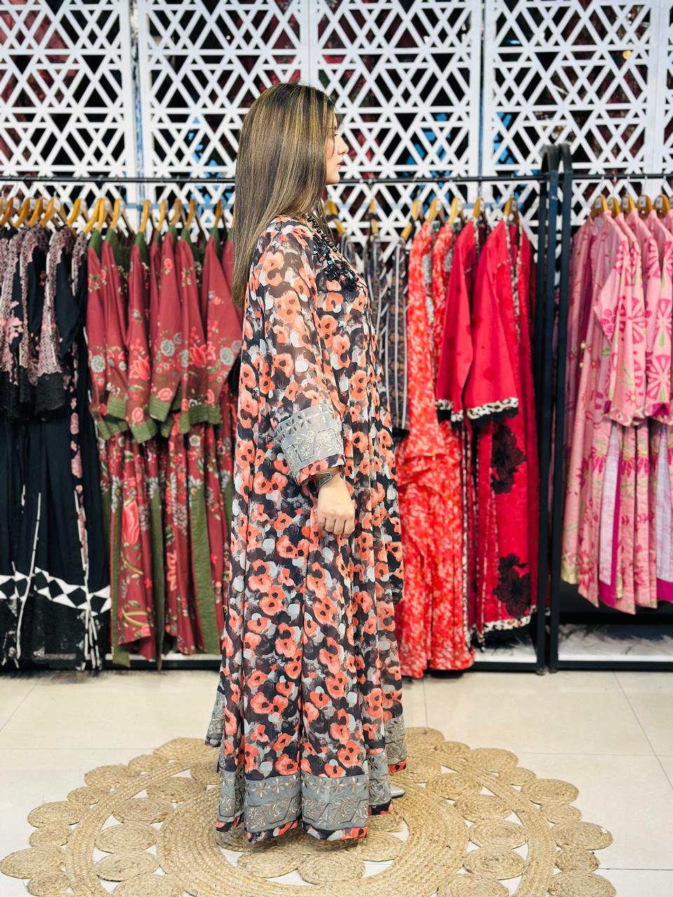 2 Pcs Black & Rust Semi-Festive Printed Chiffon Gown