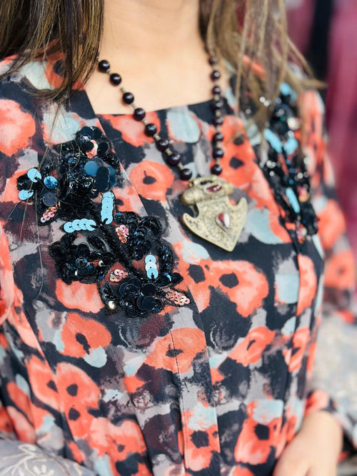 2 Pcs Black & Rust Semi-Festive Printed Chiffon Gown